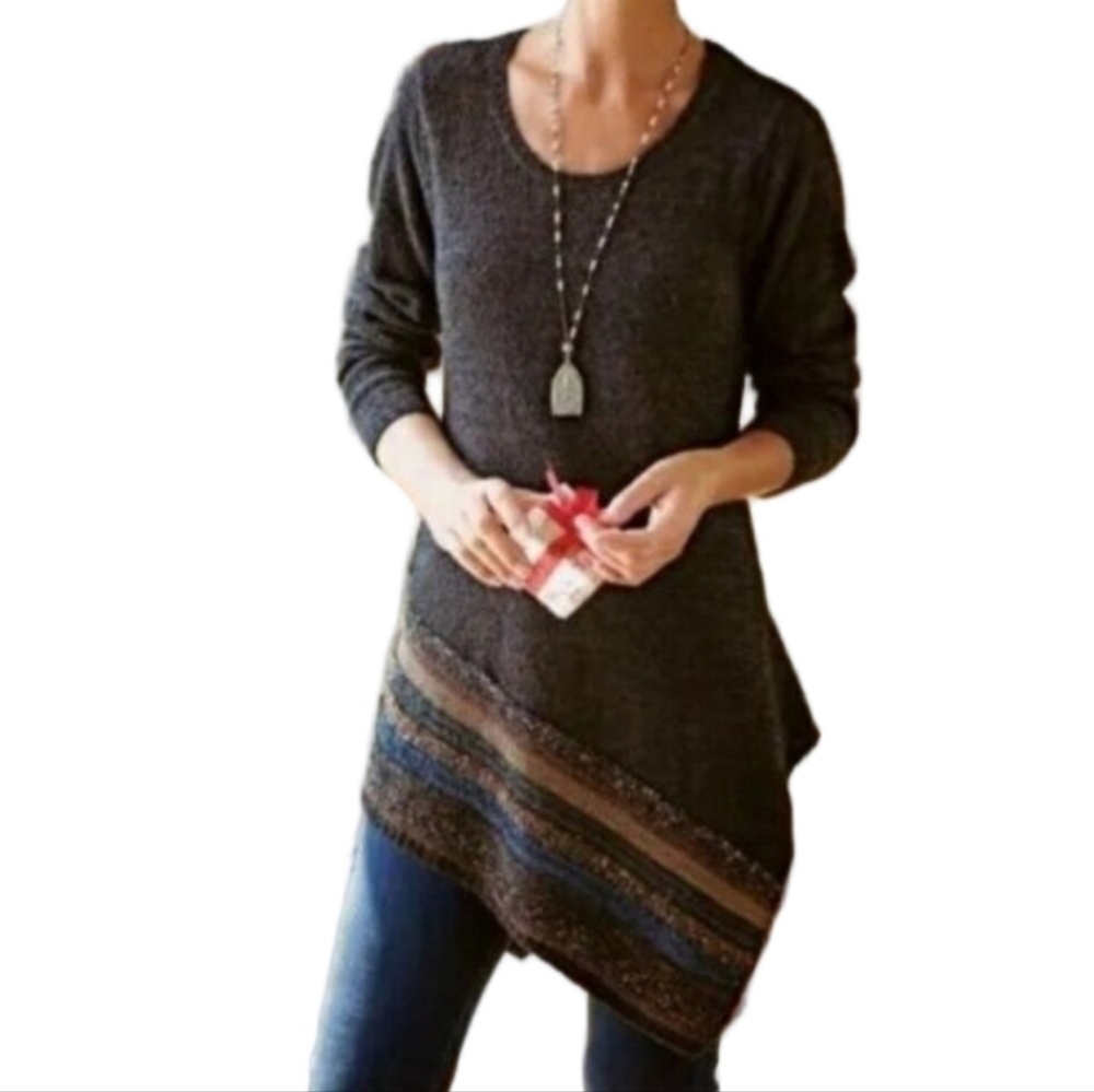 NWT Soft Surroundings Raku Brown & Black Marled Knit Asymmetric Tunic Sweater